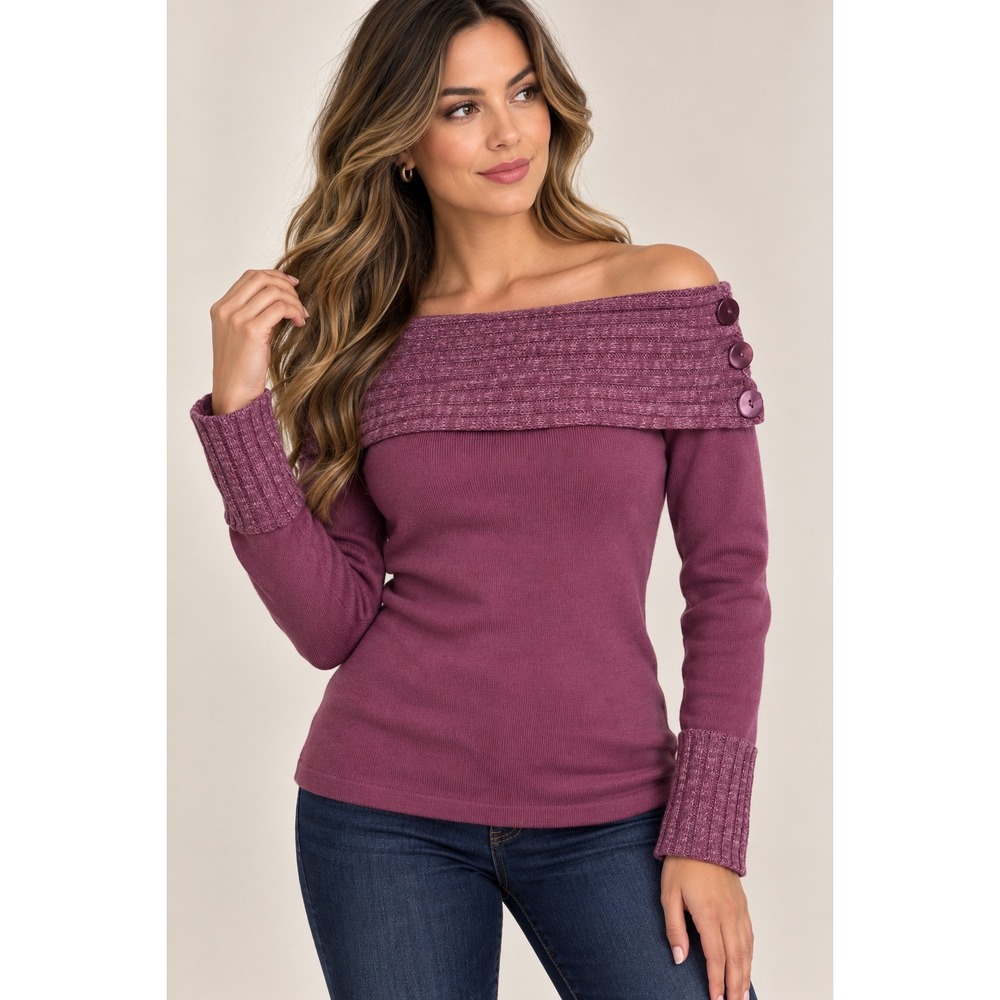 Mandee Women's Mauve Off Shoulder Knit Sweater Button Detail Size M NWT